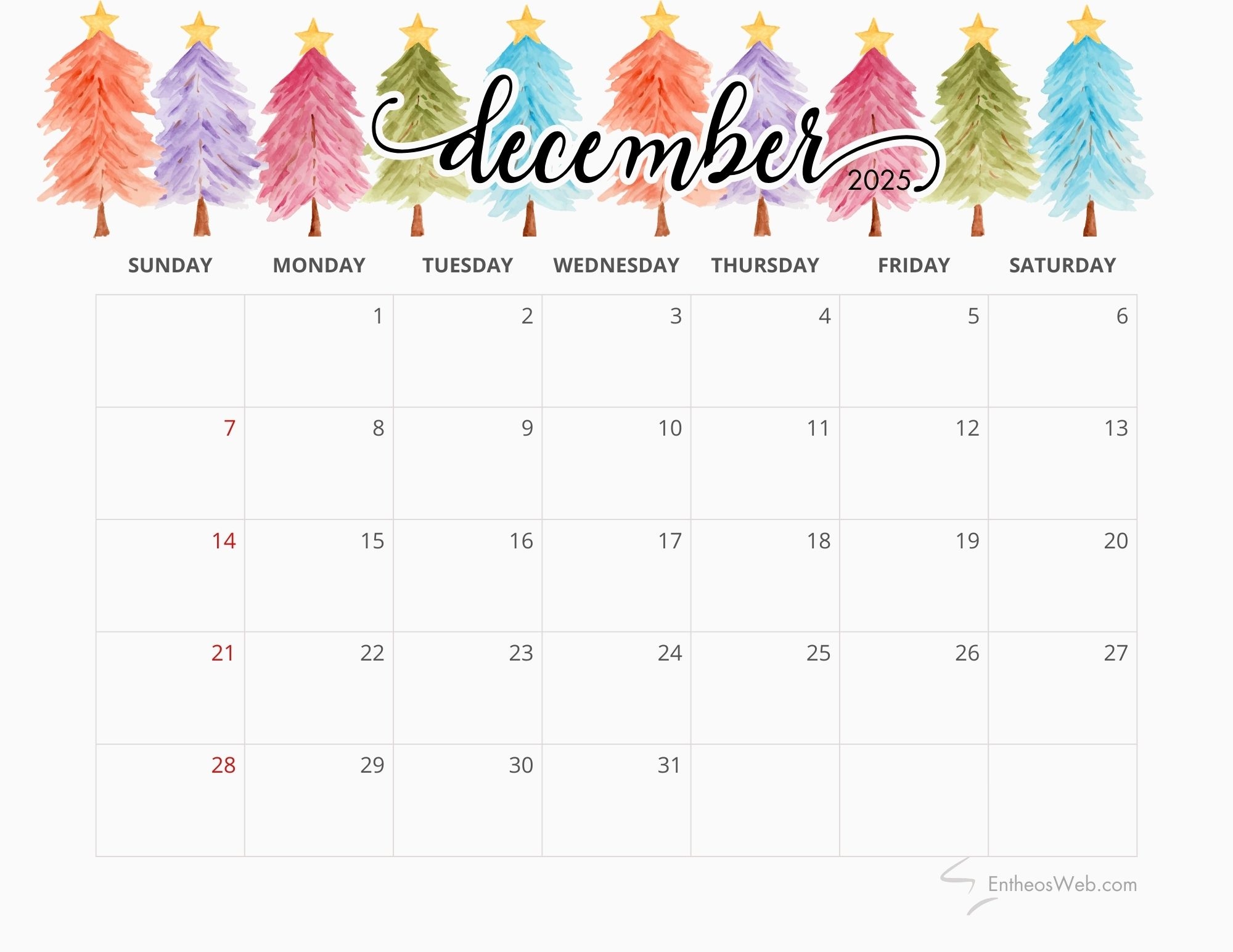 Blank Printable Calendar December 2025