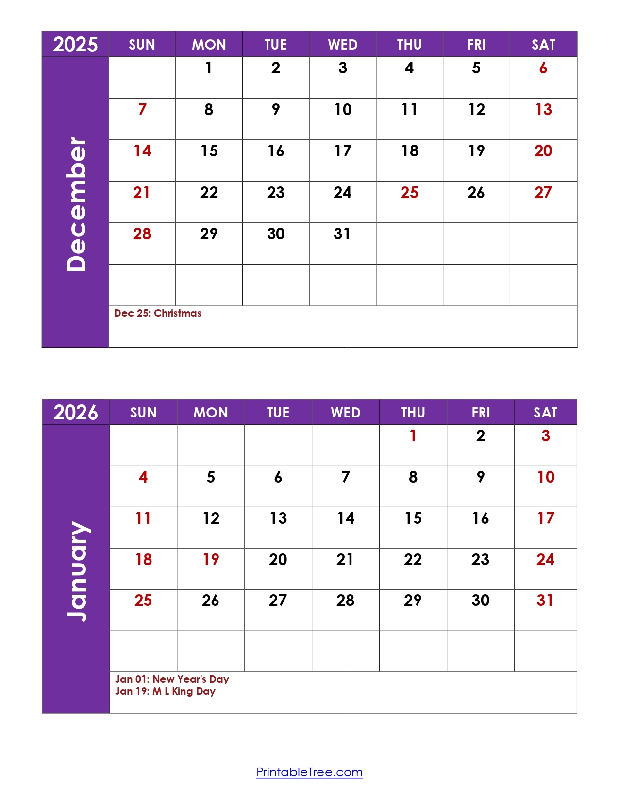 2025 And 2026 Calendar With Holidays Printable