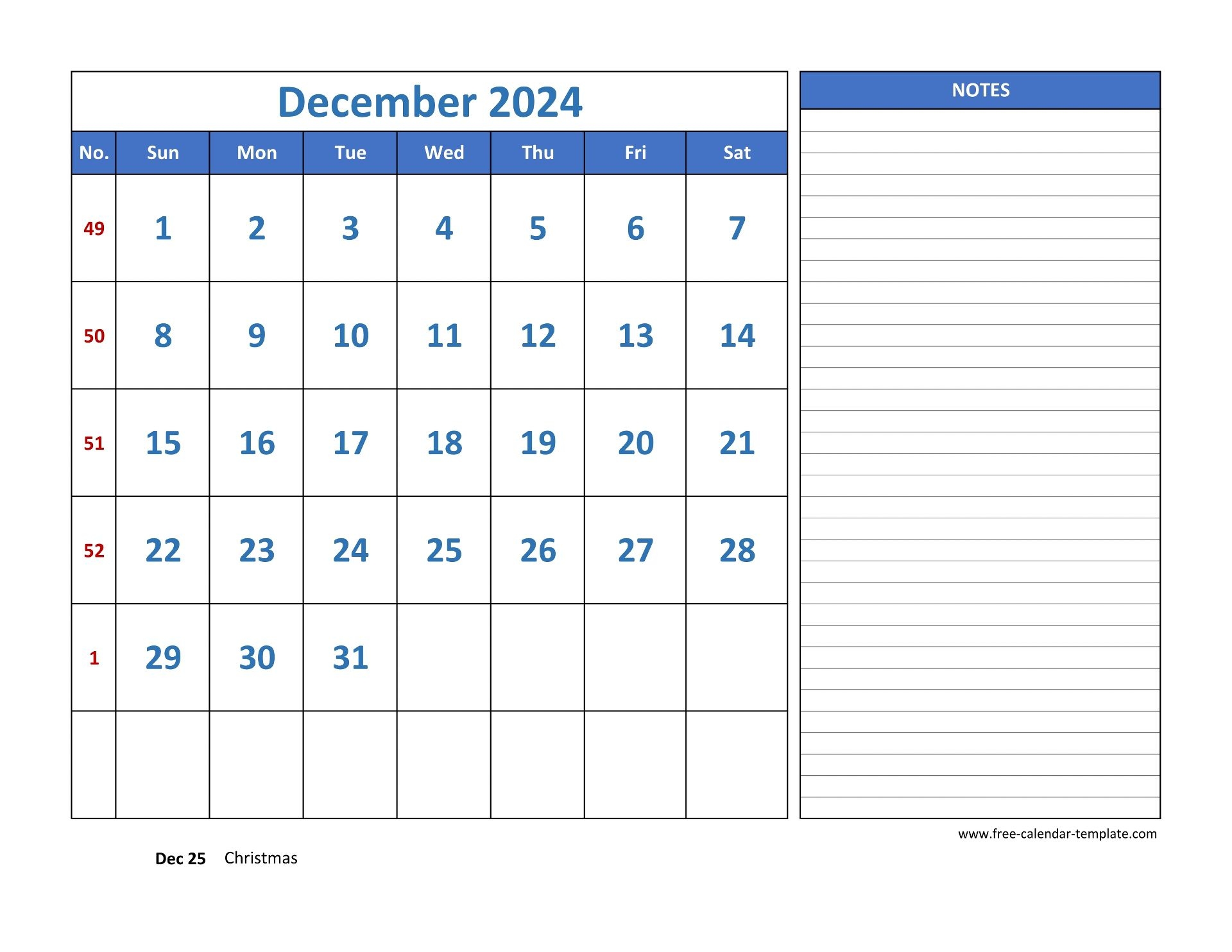 December Calendar 2024 Grid Lines For Holidays And Notes horizontal Free calendar template