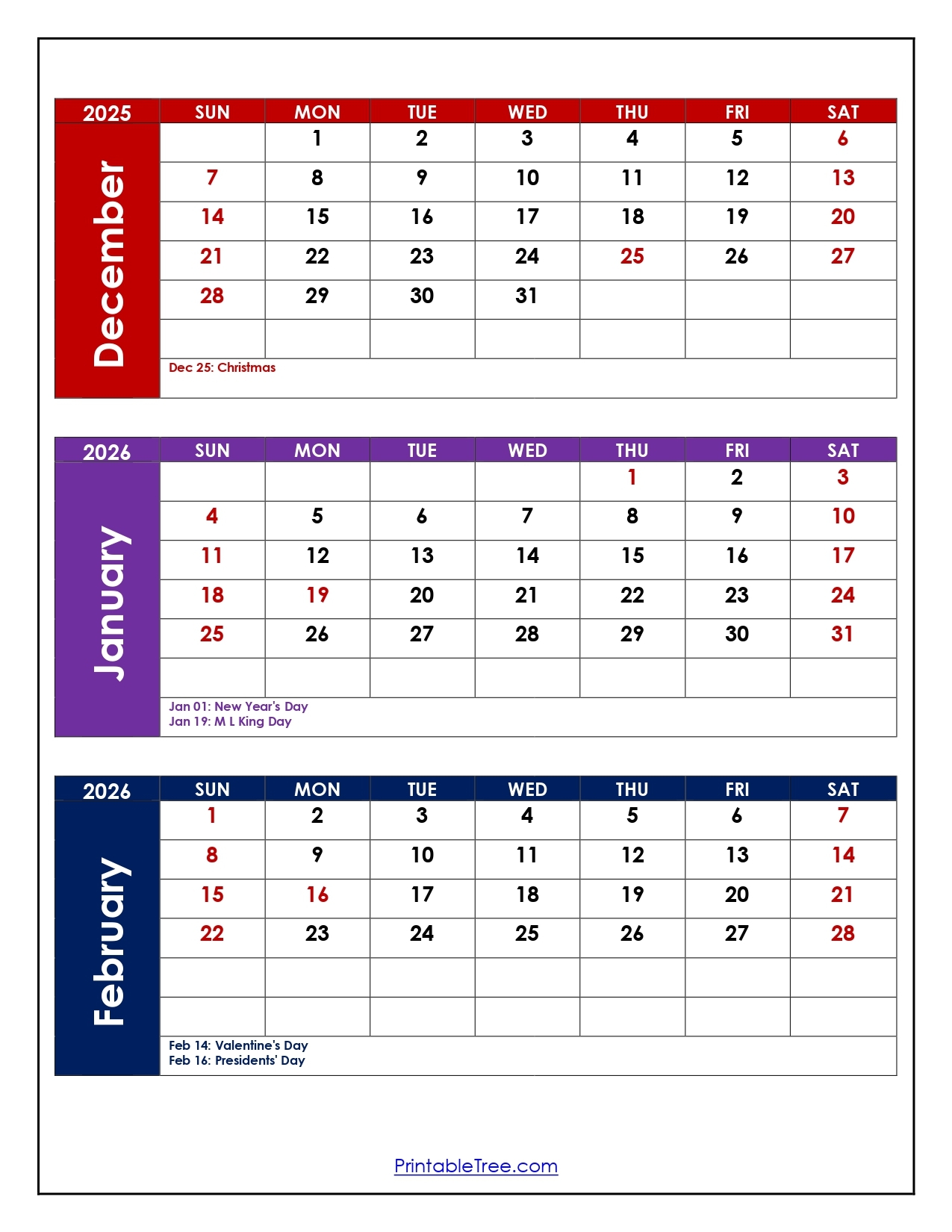 December To February 2026 Calendar Printable PDF Three Months Calendar