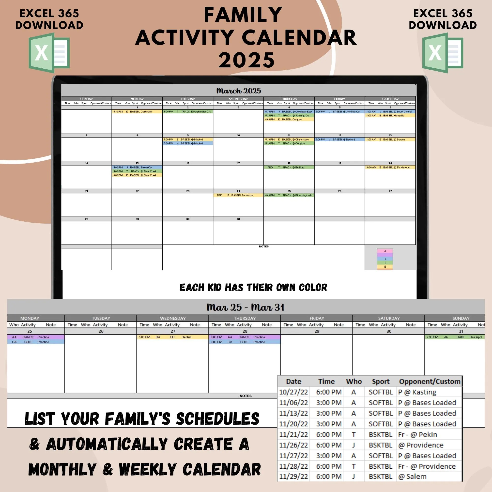 Digital Family Activity Calendar Sports Calendar Family Schedule Kids Activity Calendar Kids Sports Calendar For 2025 Etsy