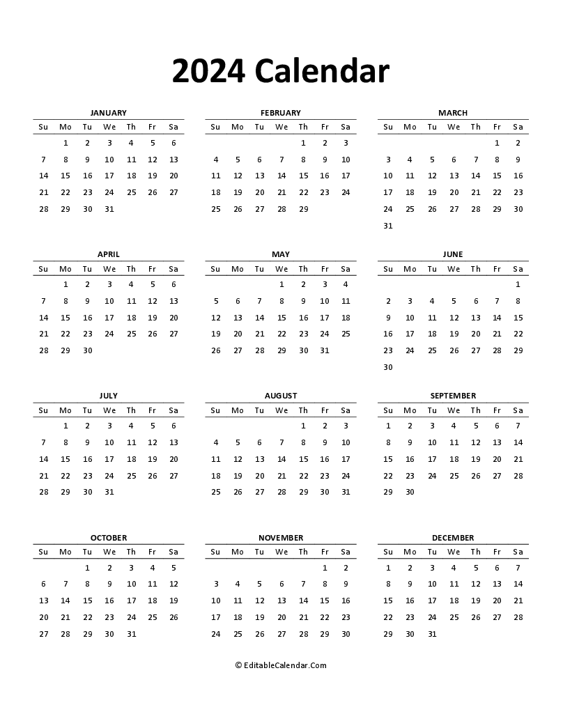 Download 2024 Free Printable Calendar Editable Word Version 
