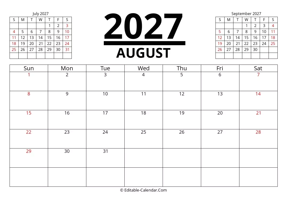Printable 3 Month Calendar June July August 2027