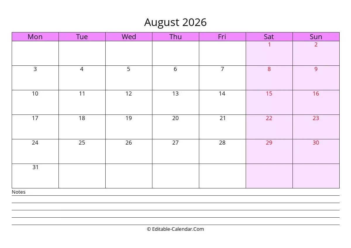 Download Free Editable Calendar August 2026 With Notes Monday Start