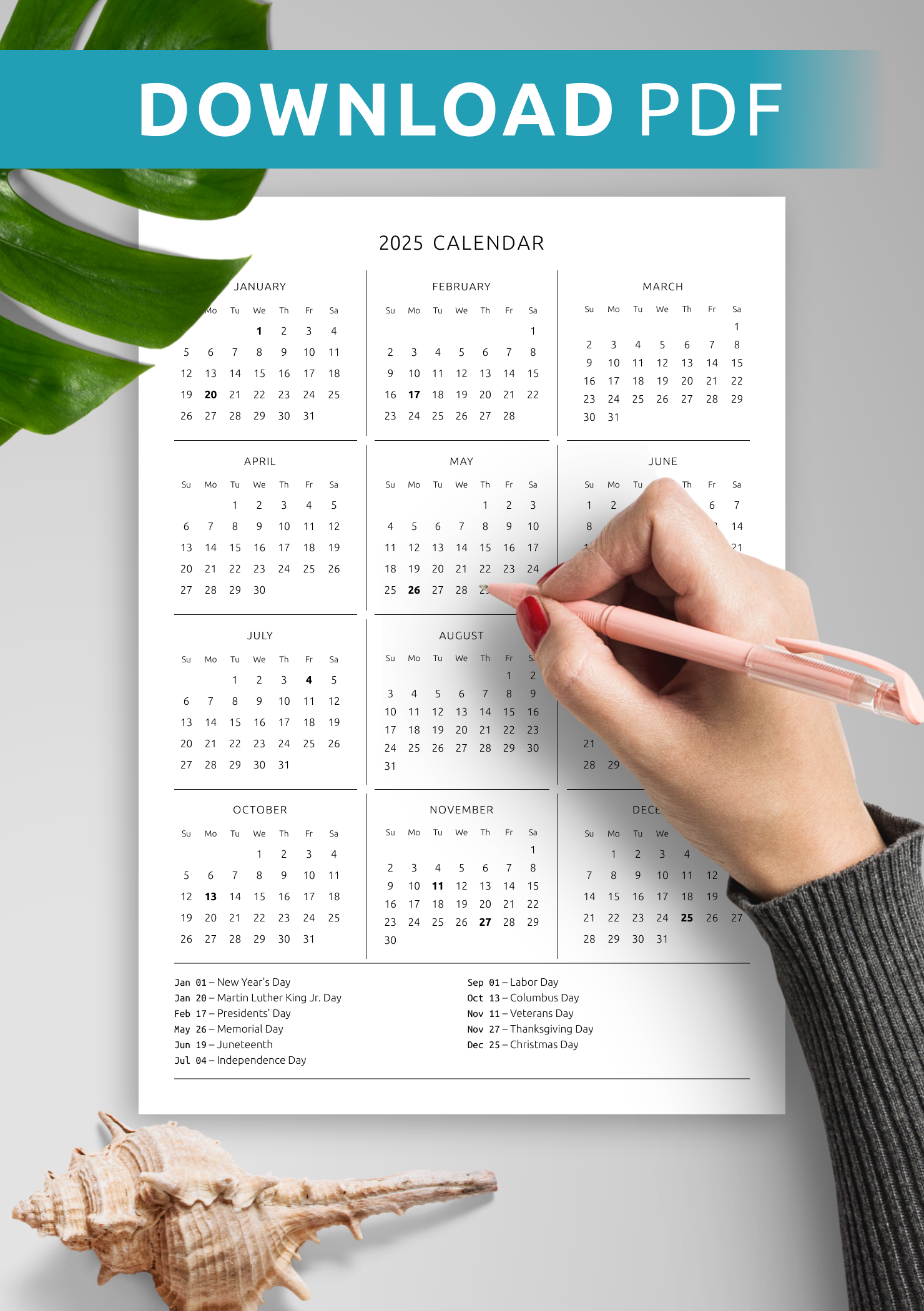 Download Printable Annual Calendar Template With Holidays PDF