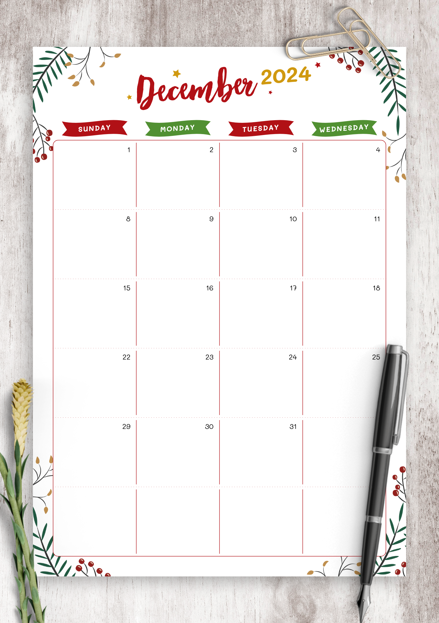 December Calendar Printable Free