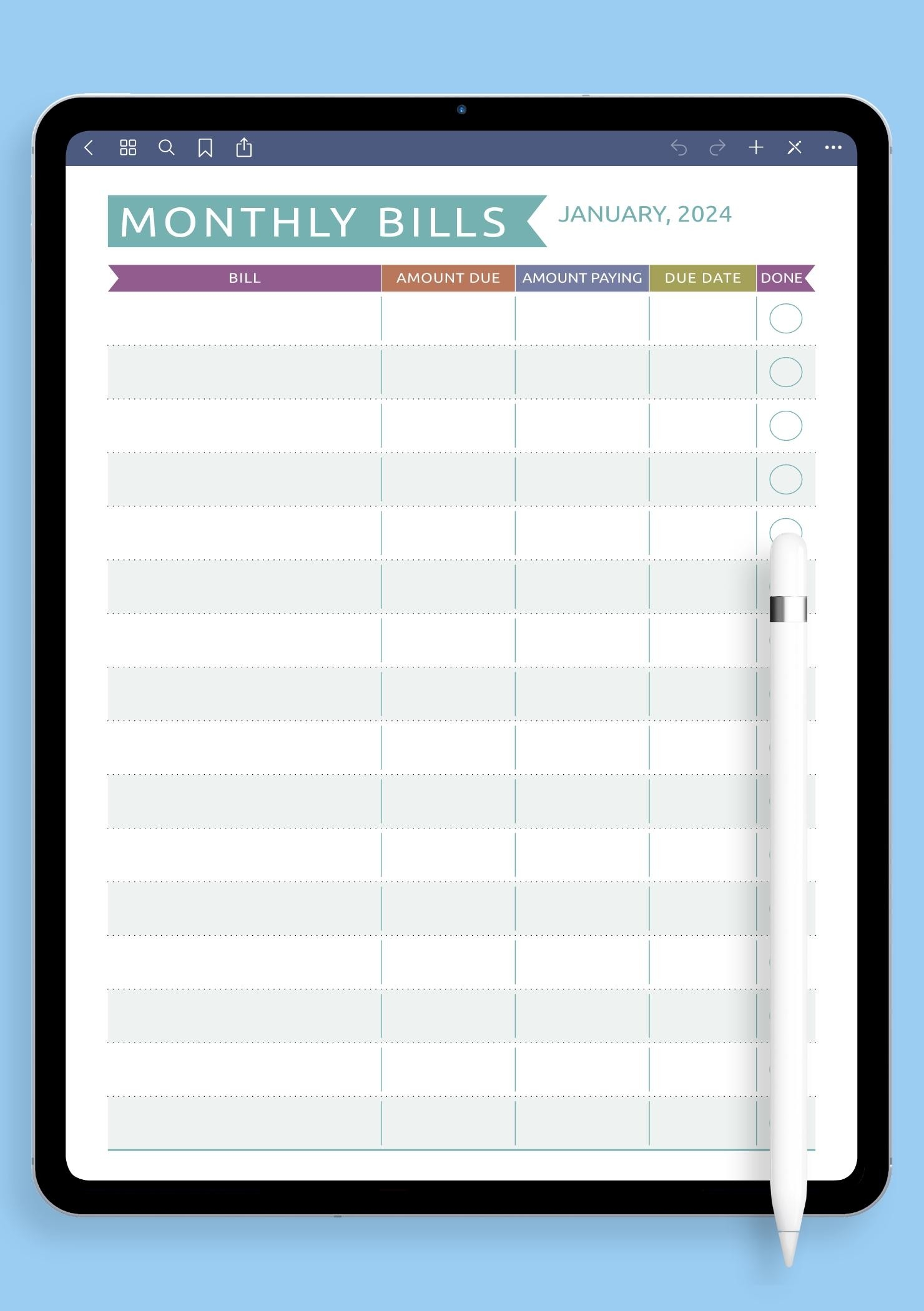 download printable monthly bills casual style pdf