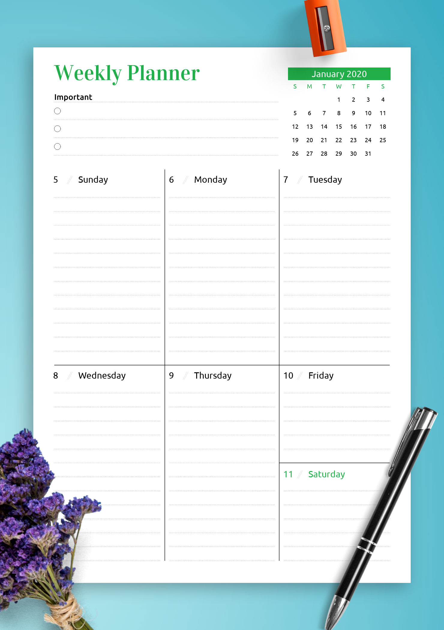Printable 1 Week Calendar