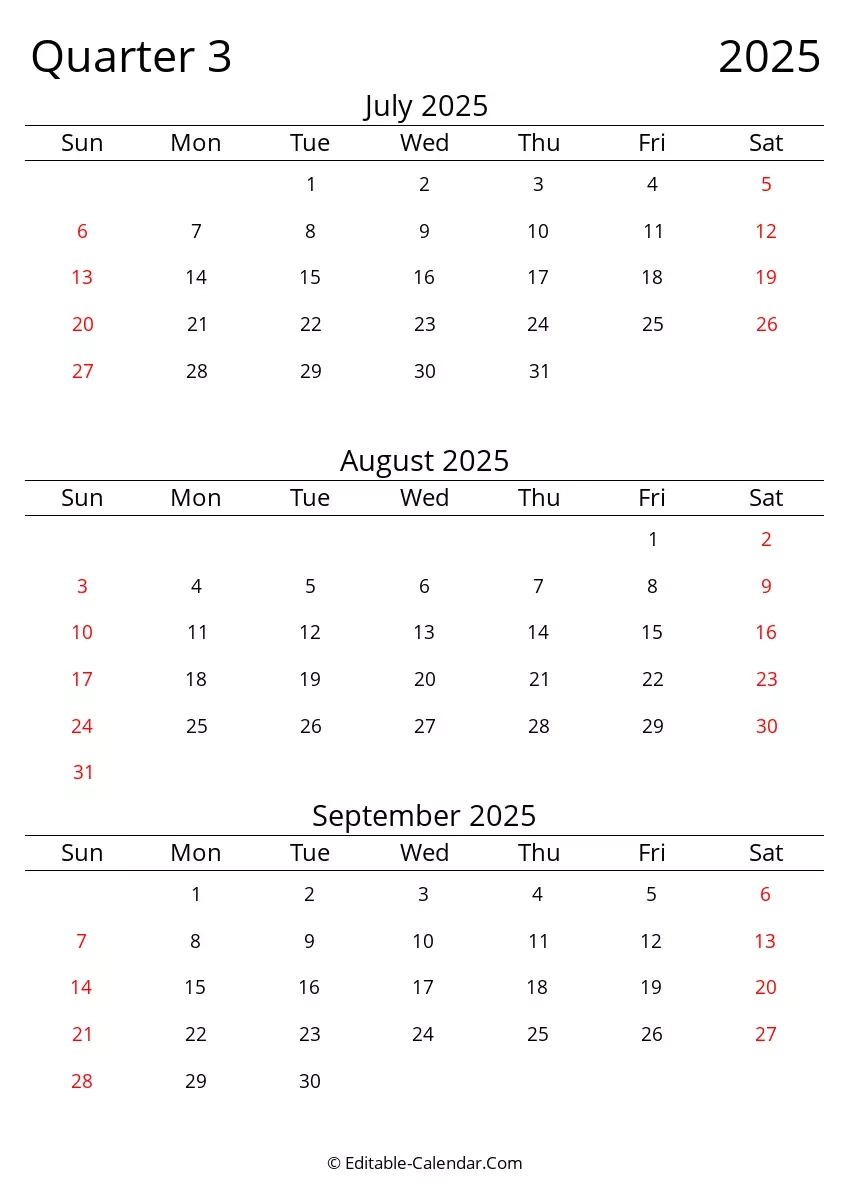 3 Month Calendar 2025 Printable