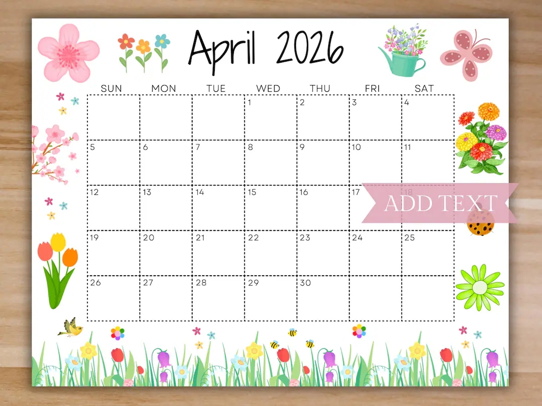 editable april 2026 calendar printable calendar cute spring calendar monthly calendar homeschool calendar kids calendar springtime etsy
