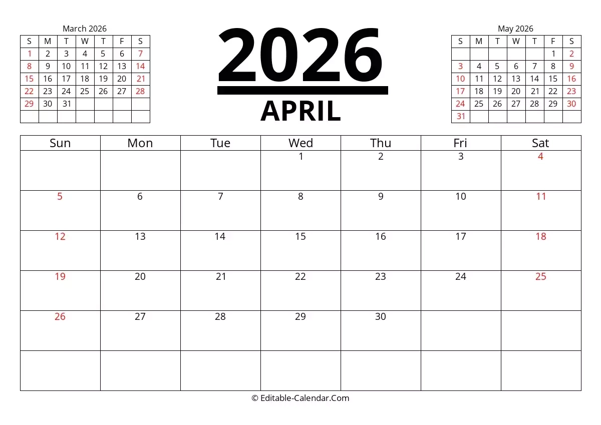 Editable Calendar April 2026 In Excel Word PDF
