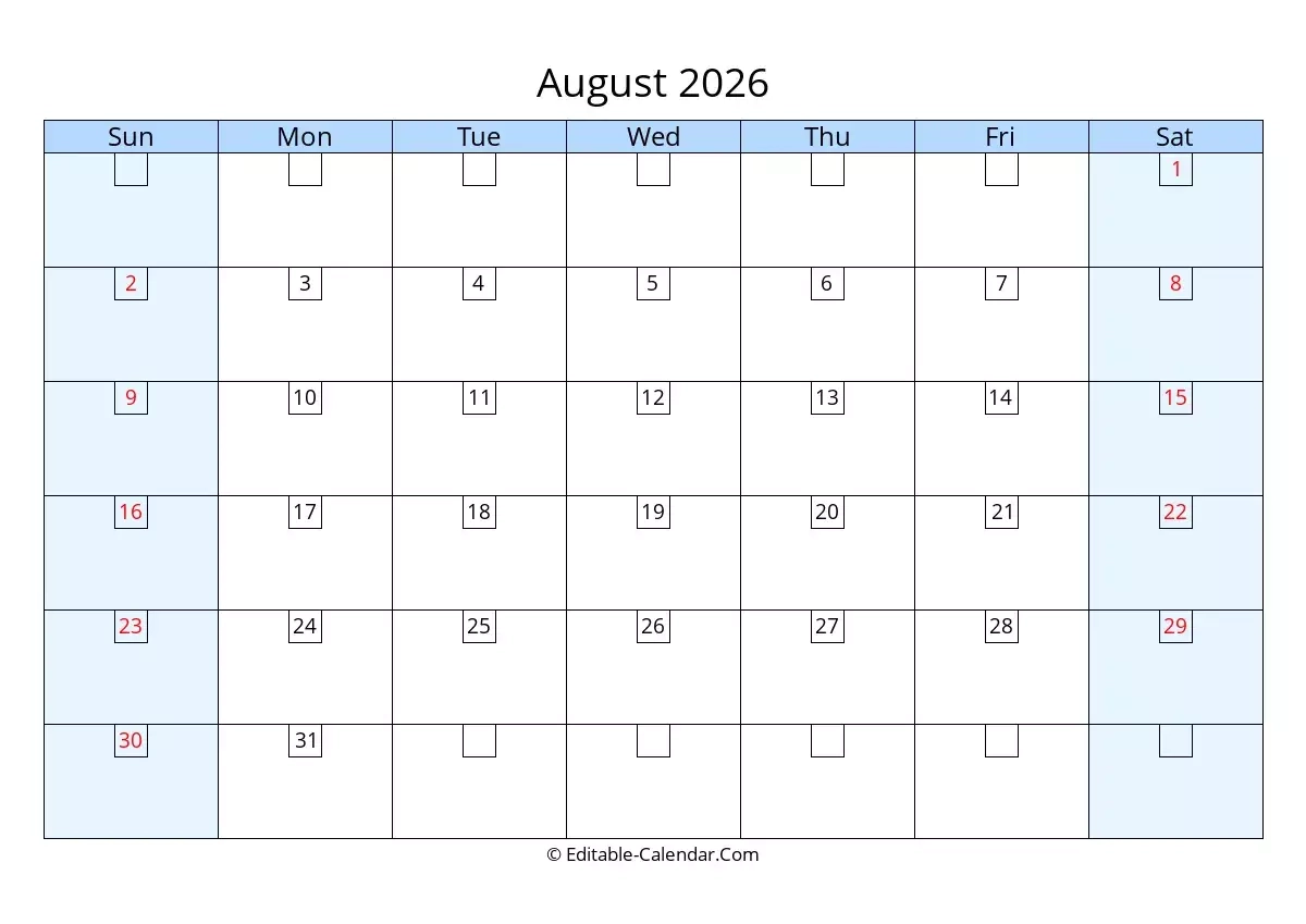 Editable Calendar August 2026 In Excel Word PDF