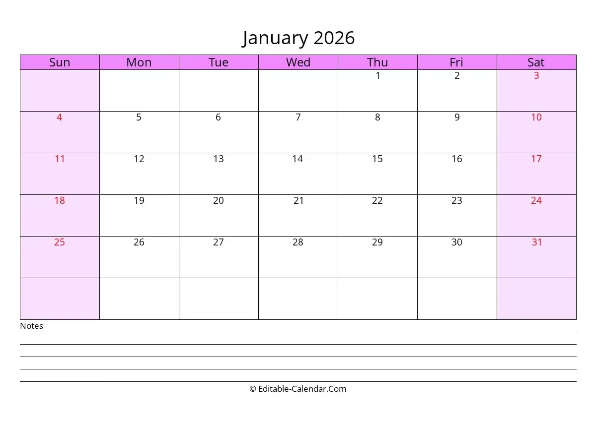 Free Printable January 2026 Calendar With Holidays
