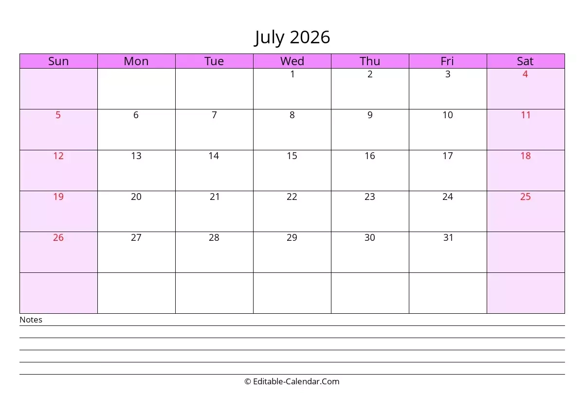 Editable Calendar July 2026 In Excel Word PDF