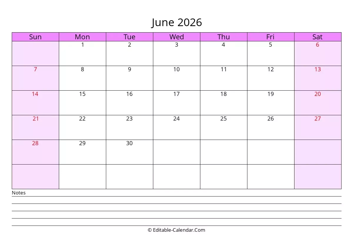 June Notes Calendar 2026 Notebook Printable