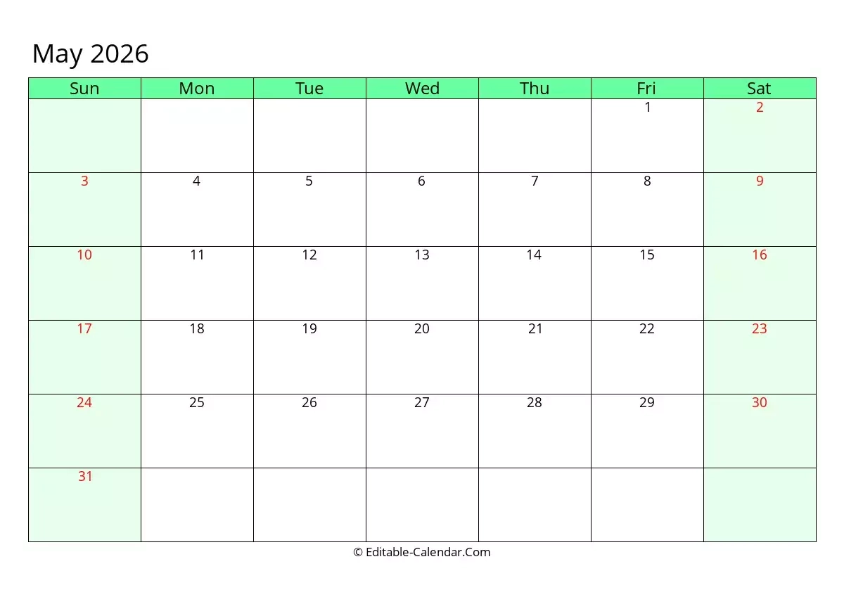 Editable Calendar May 2026 In Excel Word PDF