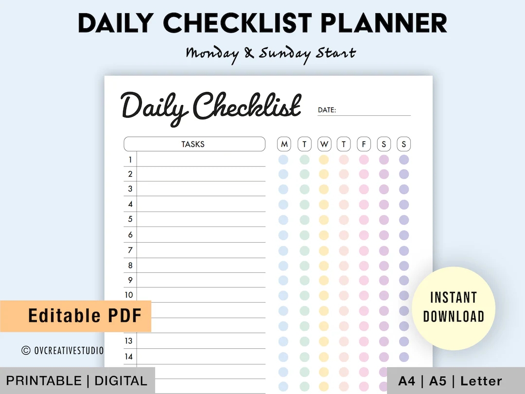 Editable Daily Checklist Printable Weekly To Do List Weekly Checklist Template Daily Task Planner Template Daily Routine PDF Etsy
