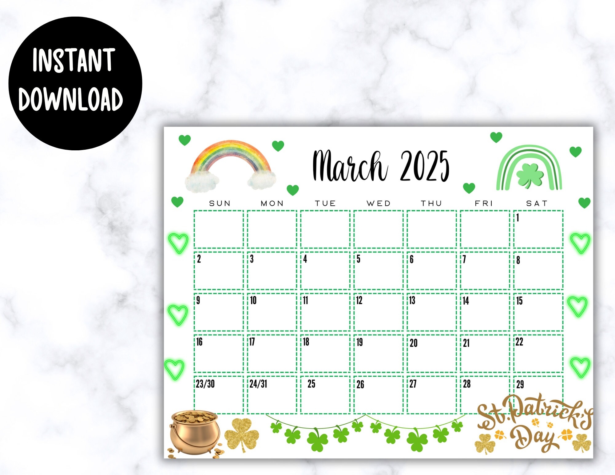 EDITABLE March 2025 Calendar Printable St Patrick s Day March Calendar W Neon Green Hearts Monthly Calendar Classroom Calendar Etsy
