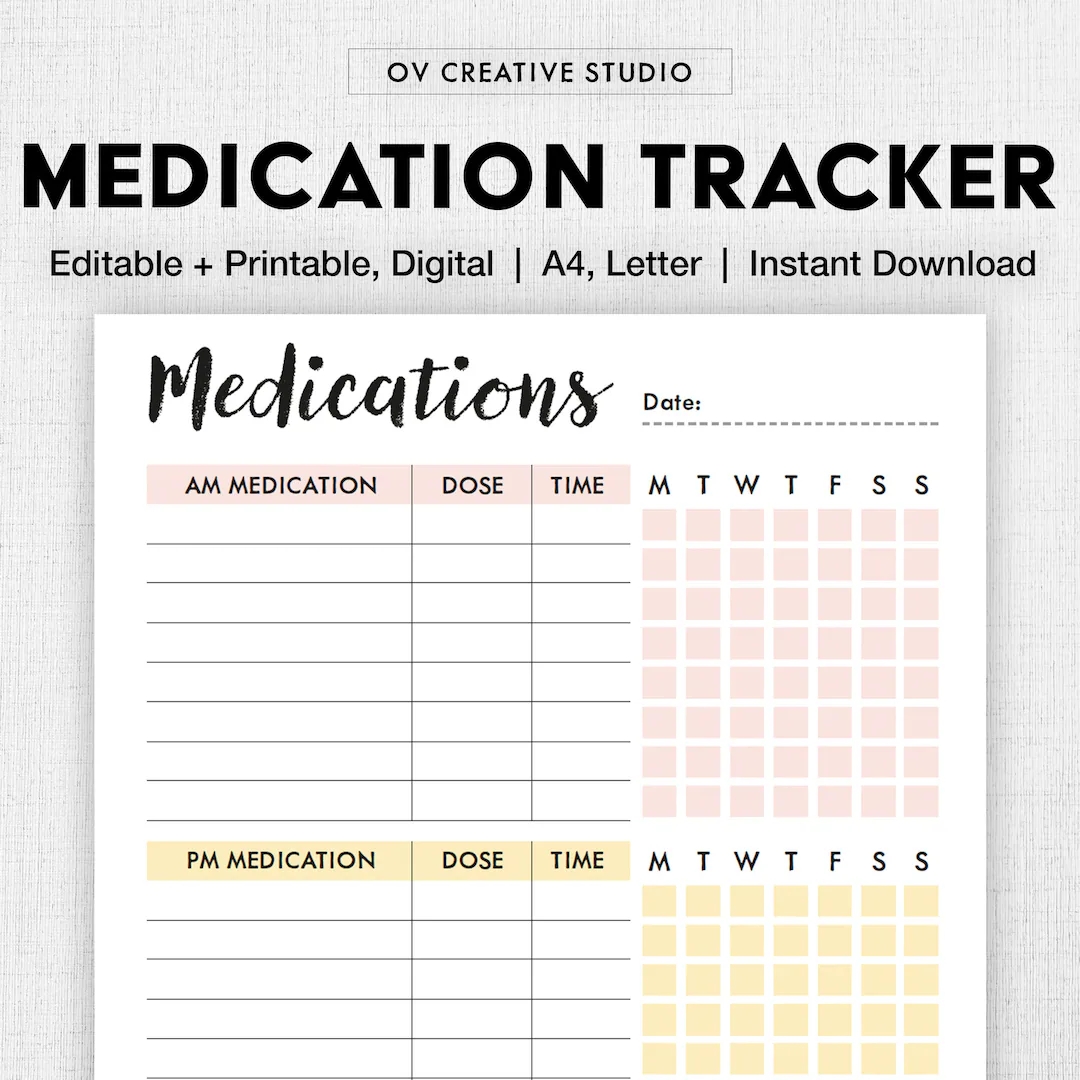 Editable Medication Schedule Printable Easy Medicine Chart Weekly Medication Log Supplement Tracker Pills Medicine List Digital PDF Etsy