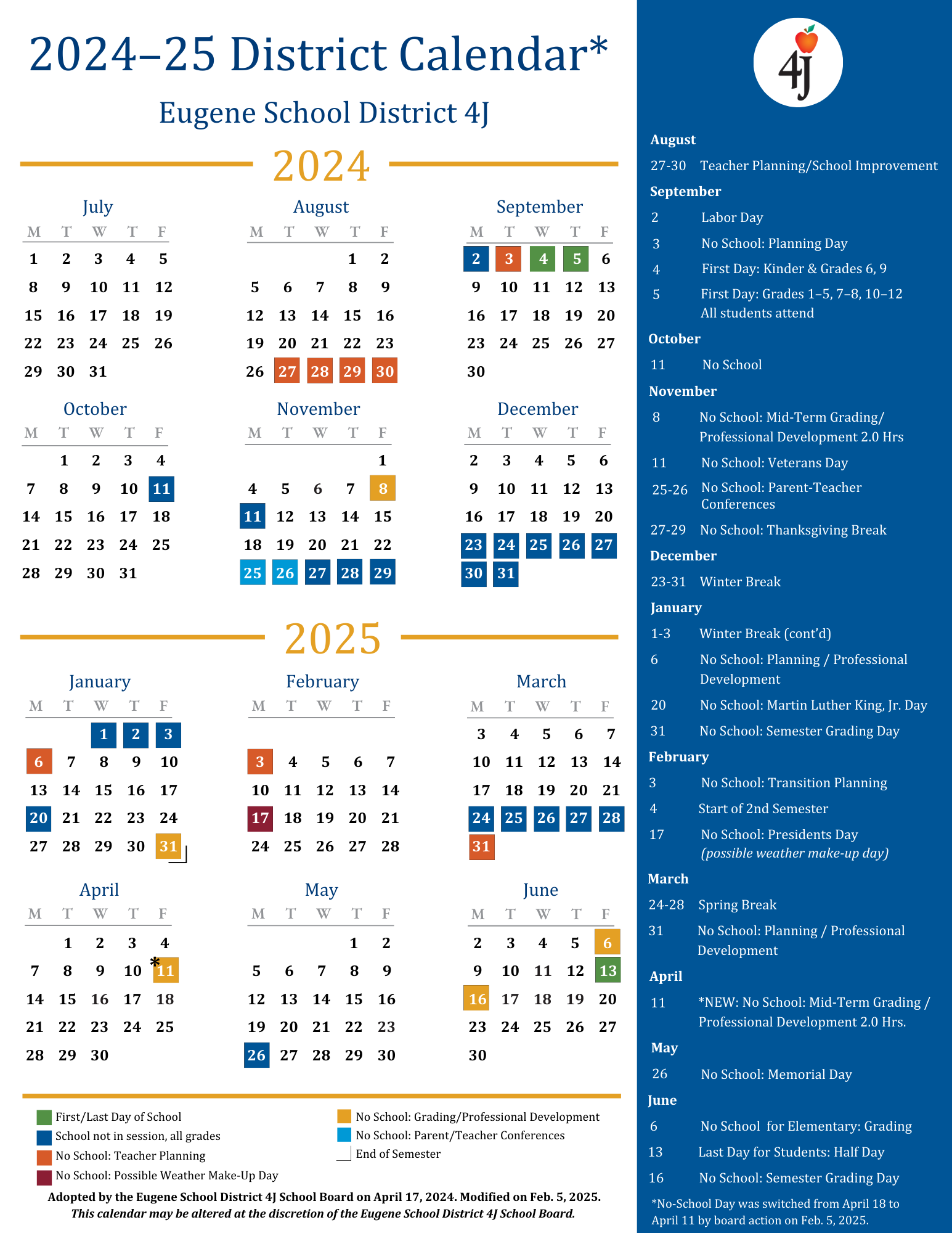 Eugene School District 4J Calendars