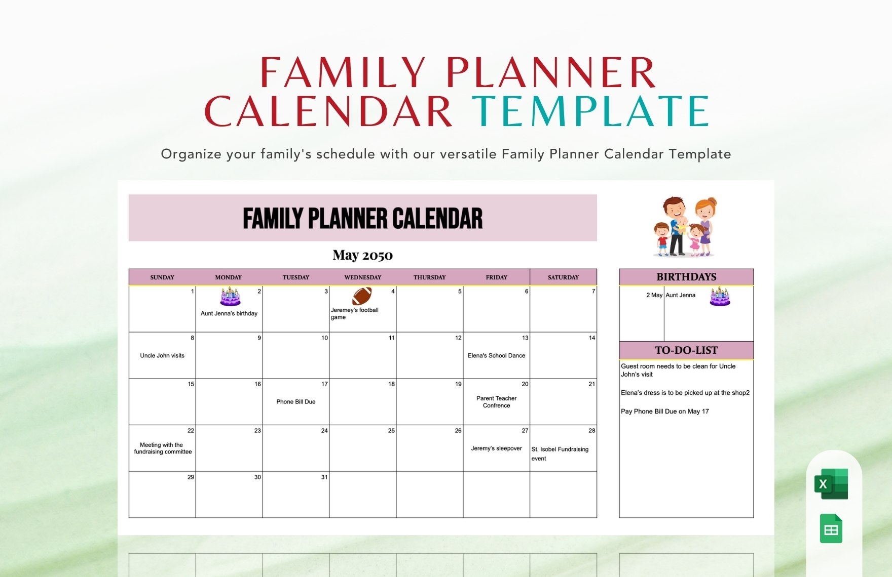 Family Planner Calendar In Excel Google Sheets Download Template