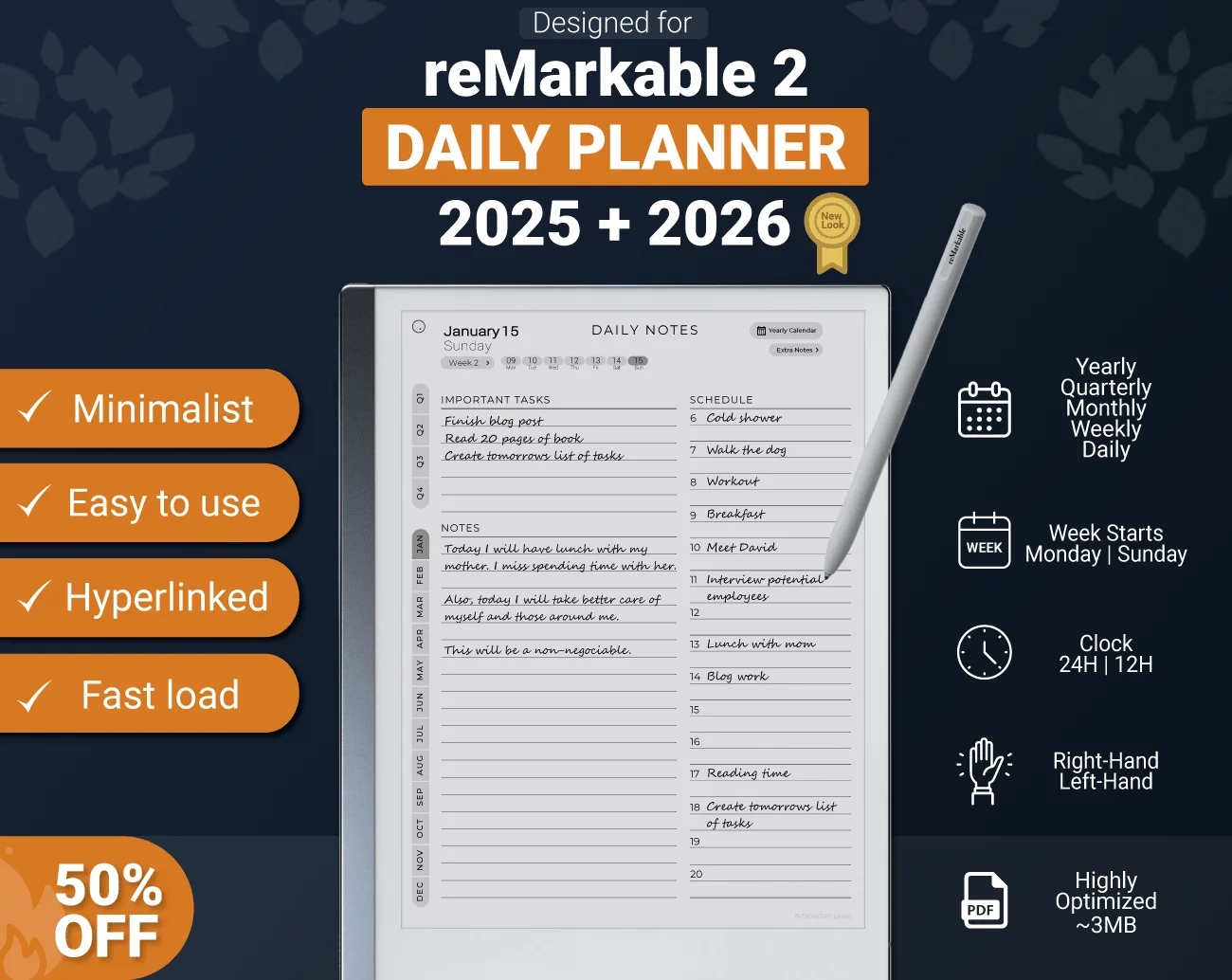 For ReMarkable 2 Daily Planner 2025 2026 TabletTemplates