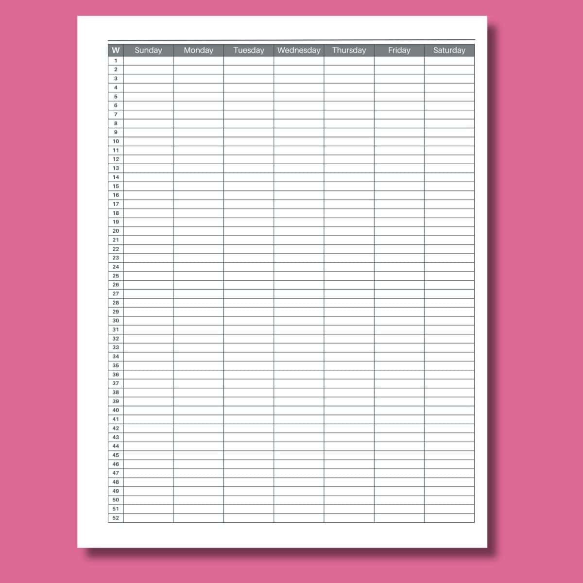 free 52 week calendar printable