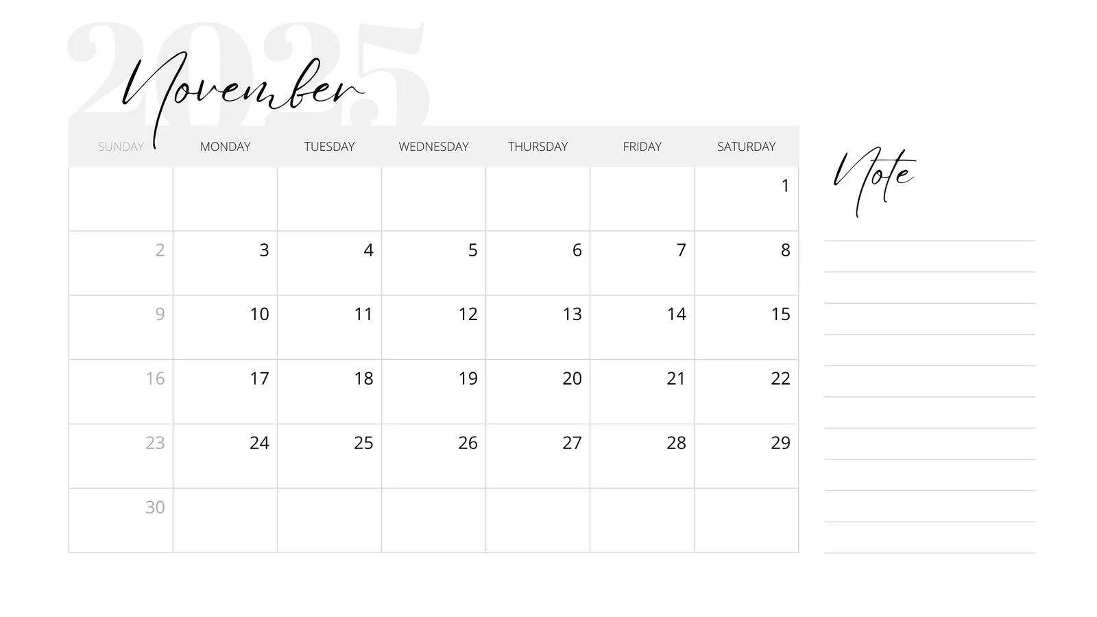 2025 November Calendar Printable
