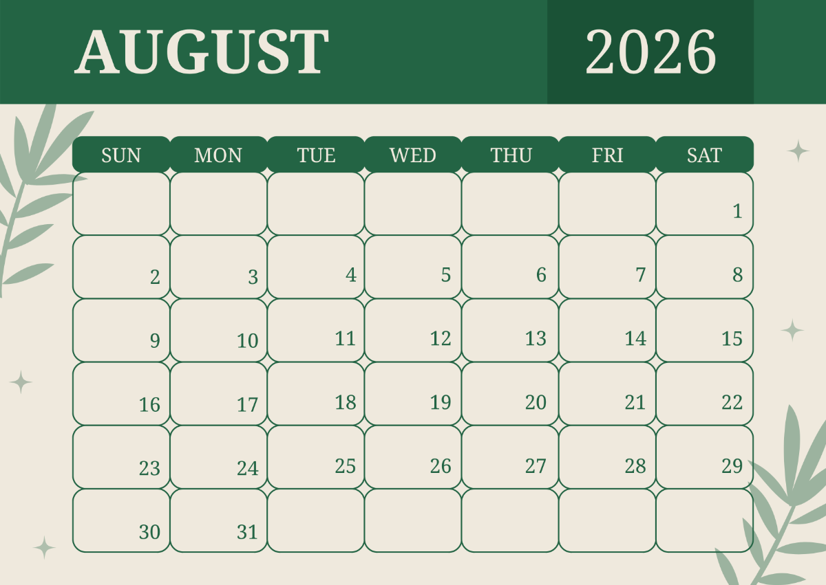 Printable Calendar August 2026