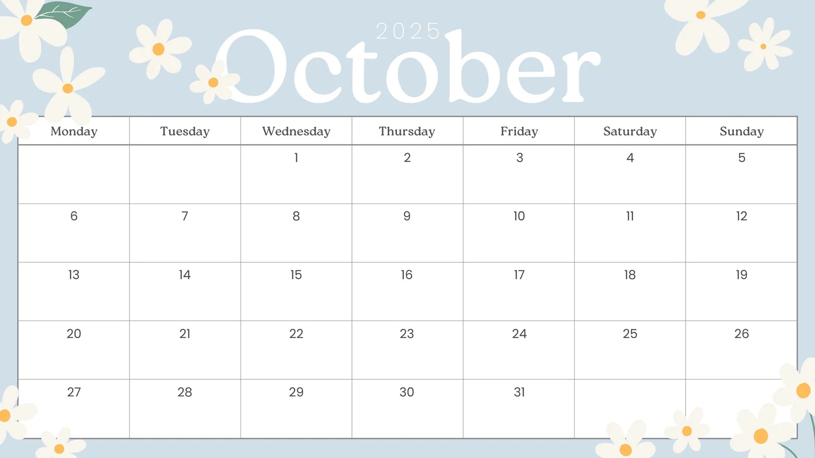 Blank Calendar October 2025 Free Printable