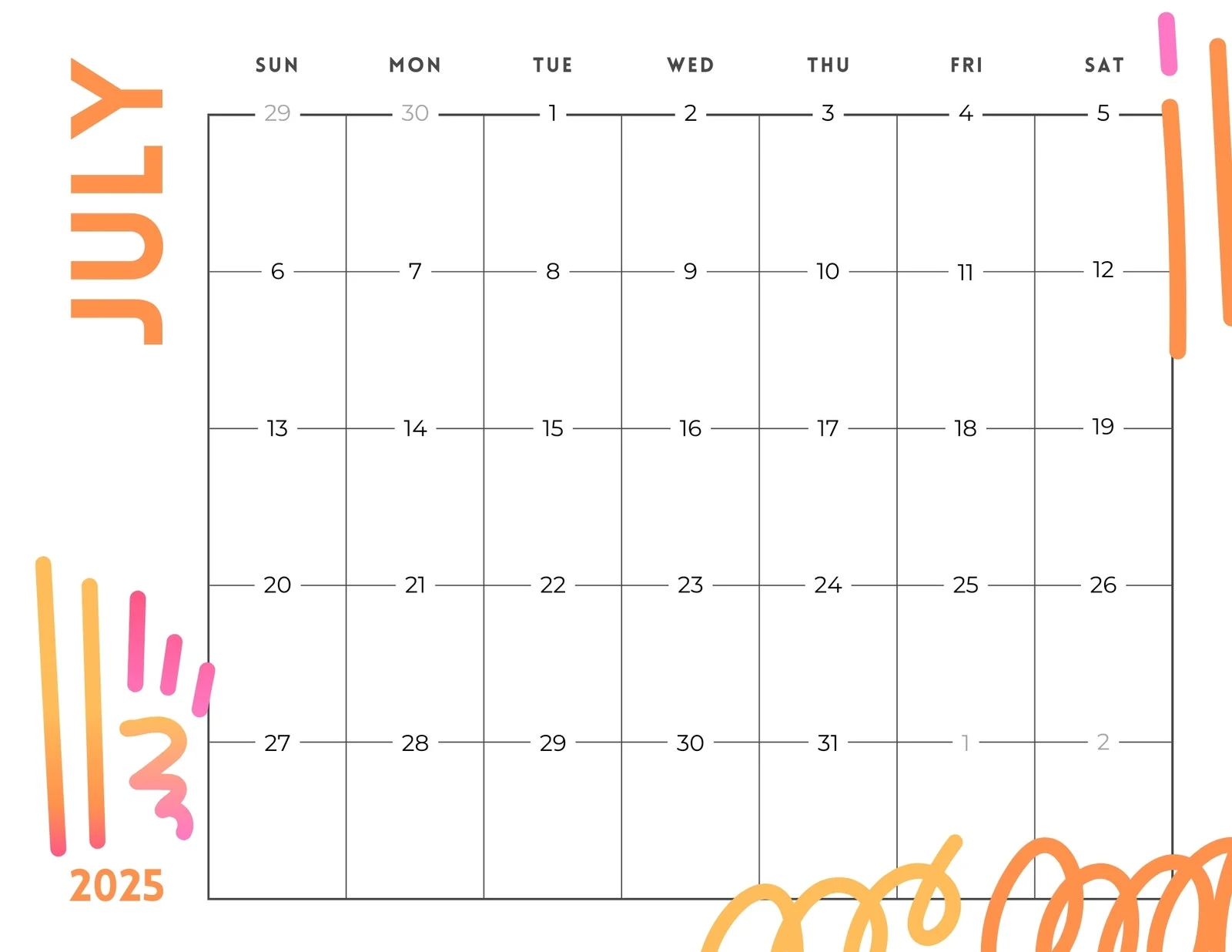Printable Month Calendar 2025 July