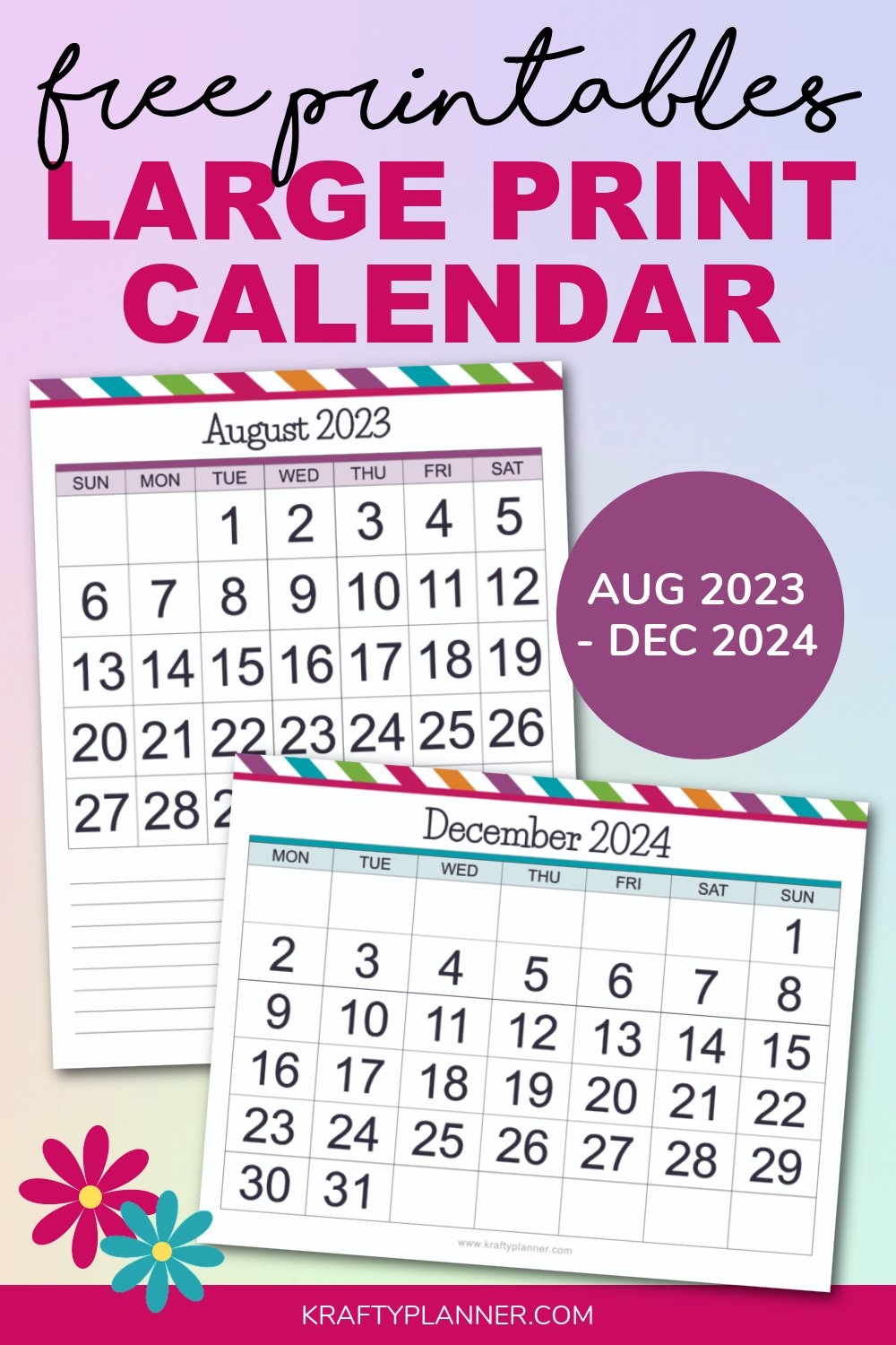 Free Printable Large Print Calendars August 2023 December 2024 Krafty Planner