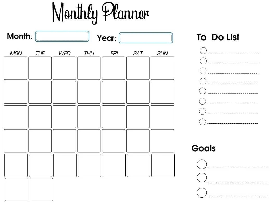 Printable Monthly Calendar Planner