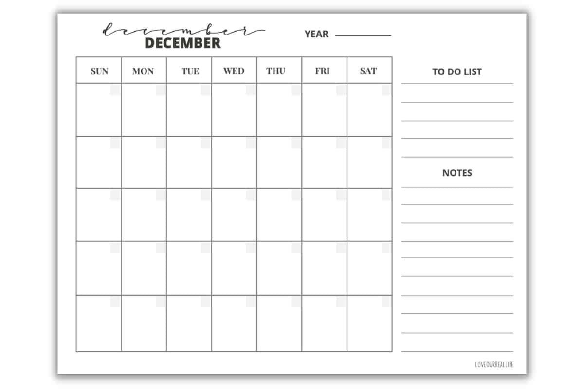 Calendar Printable December