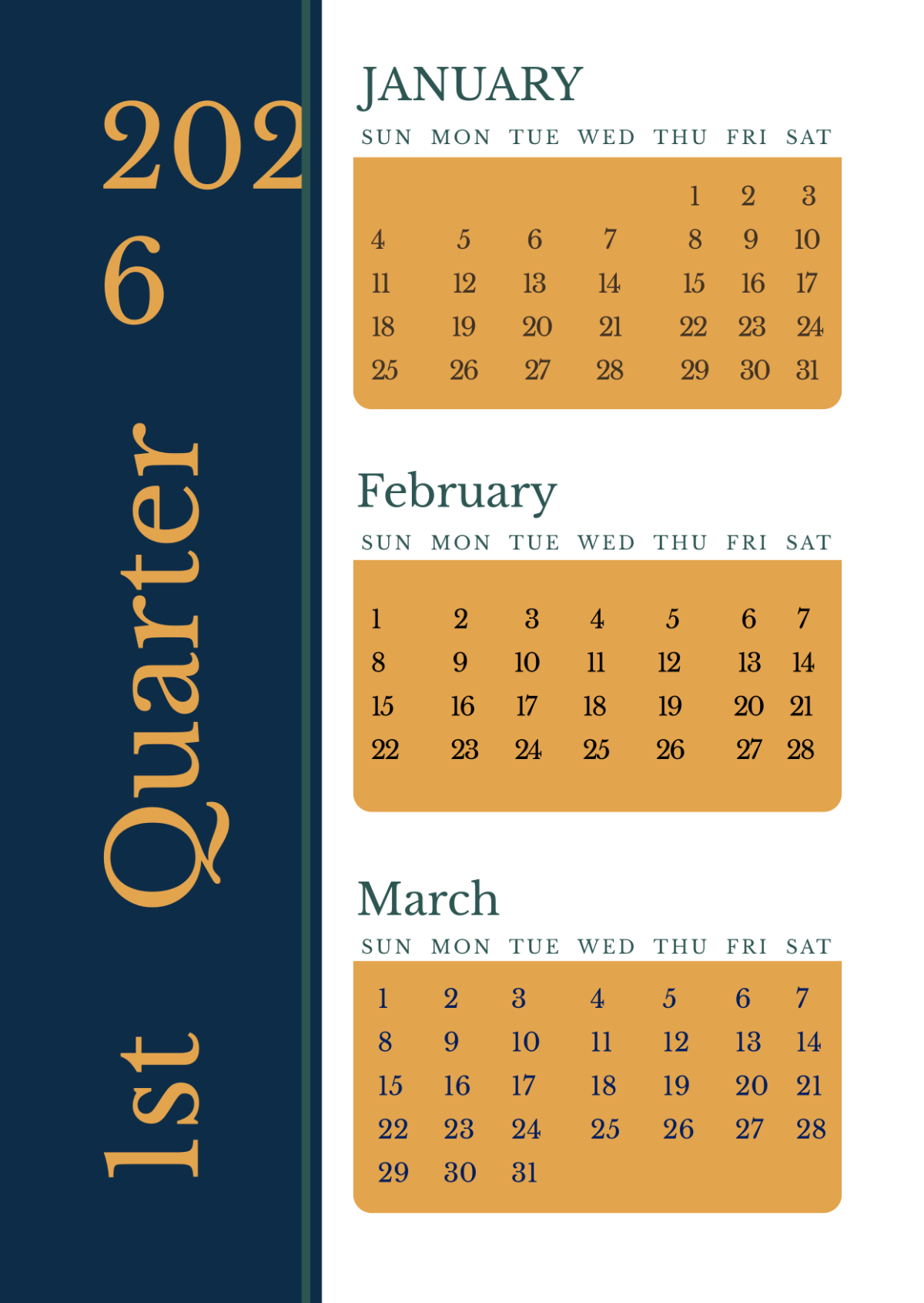 Free Professional 2026 Quarterly Calendar Template To Edit Online