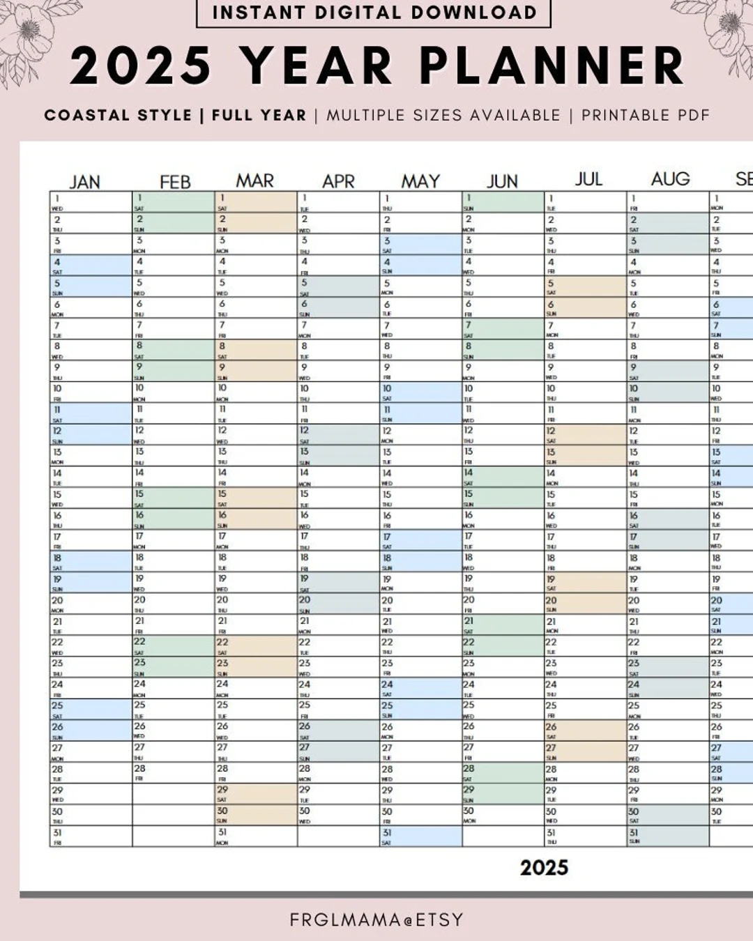 Full Year Calendar 2025 2025 Monthly Planner 2025 Rainbow Yearly Calendar Calendar Printable 2025 Wall Planner Wall Calendar 2025 Etsy