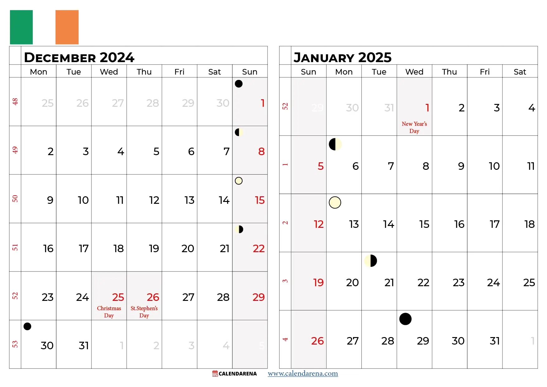 December And January Calendar Printable