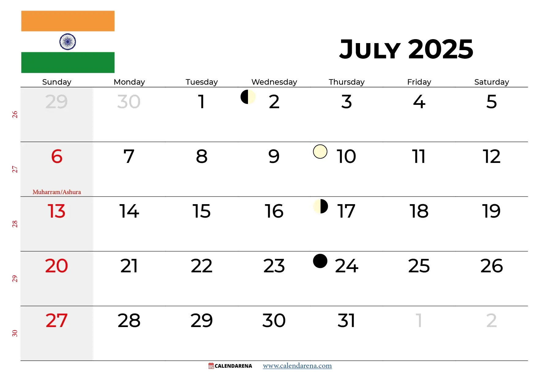 July 2025 Calendar India July 2025 Calendar India