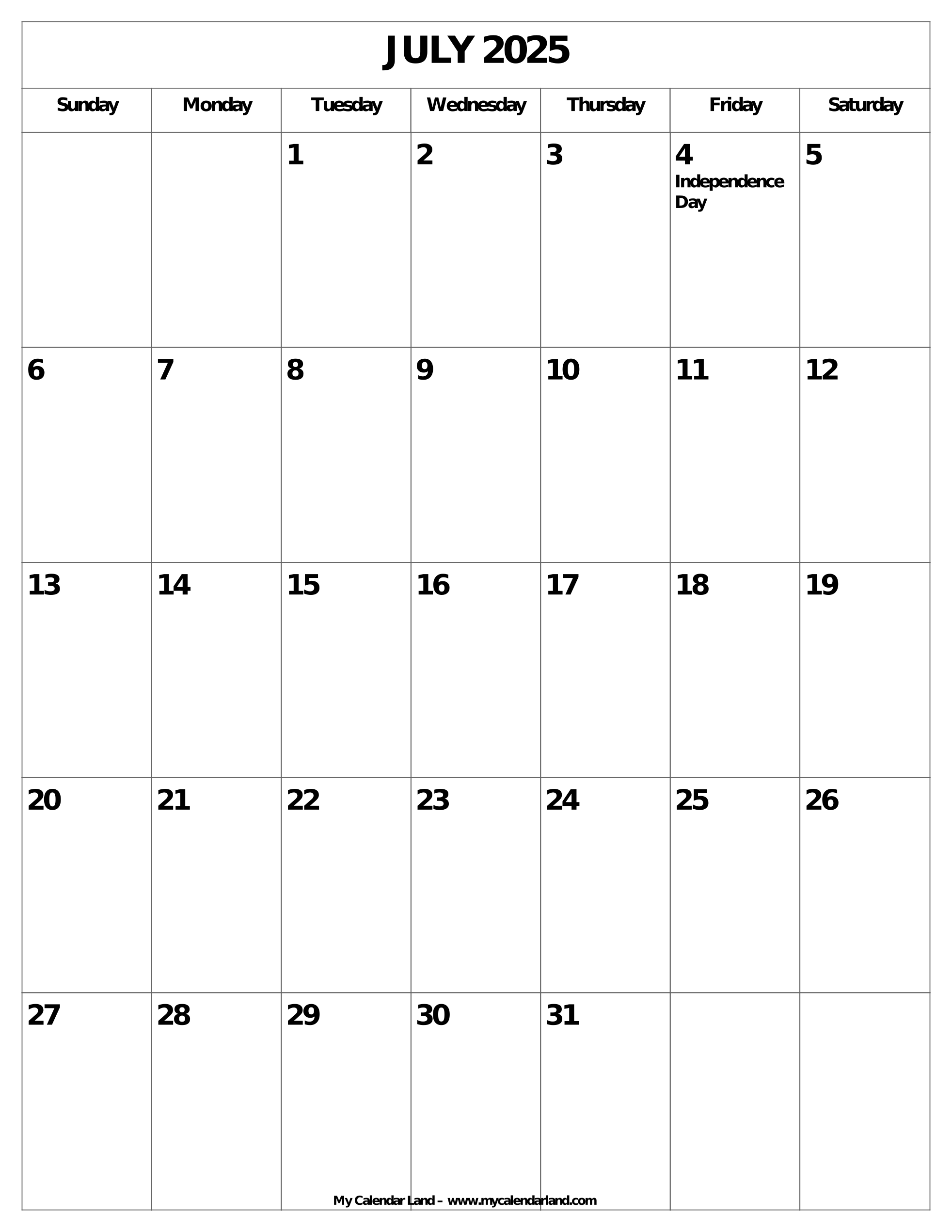 July Calendar Free Printable 2025