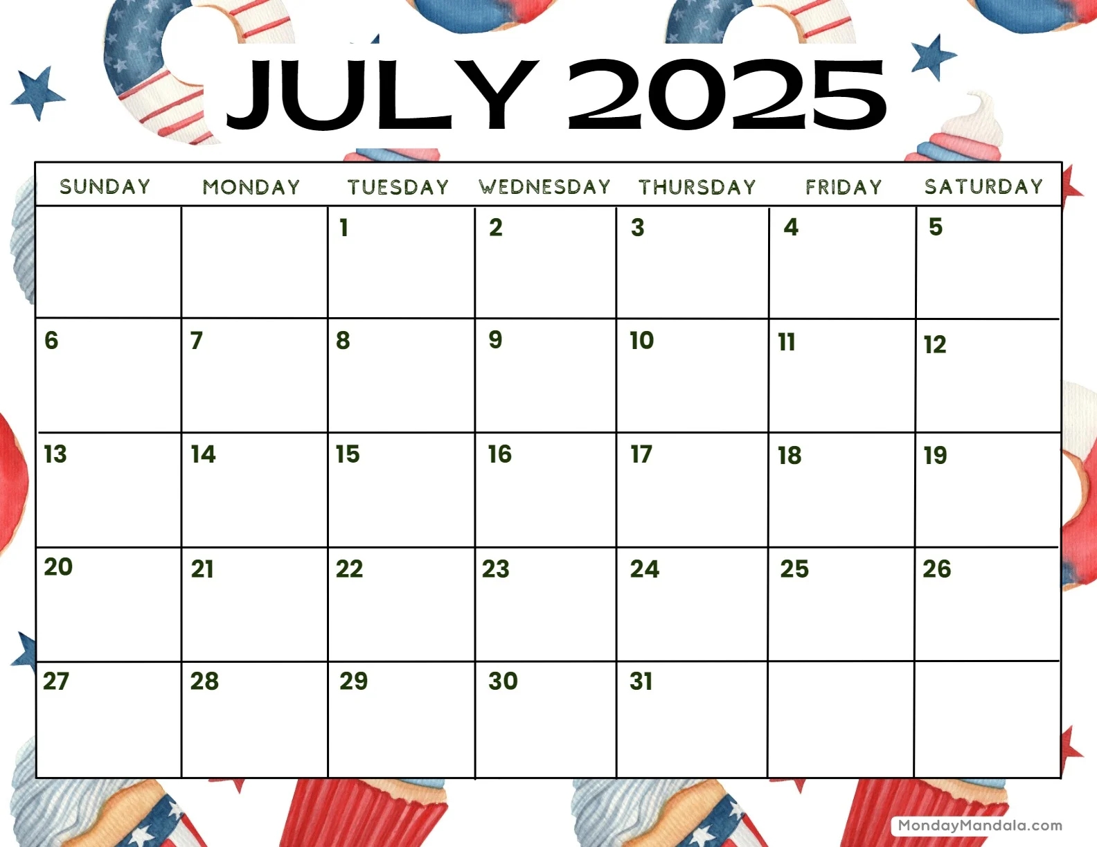 Free Printable Calendar For July 2025