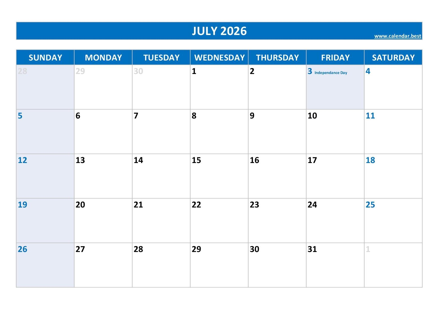 Printable July And August 2026 Calendar