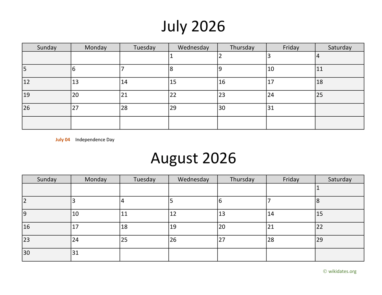 2026 Calendar August Printable