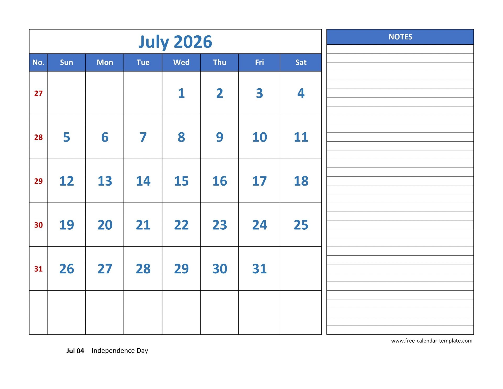 July Monthly Calendars 2026 Free Printable