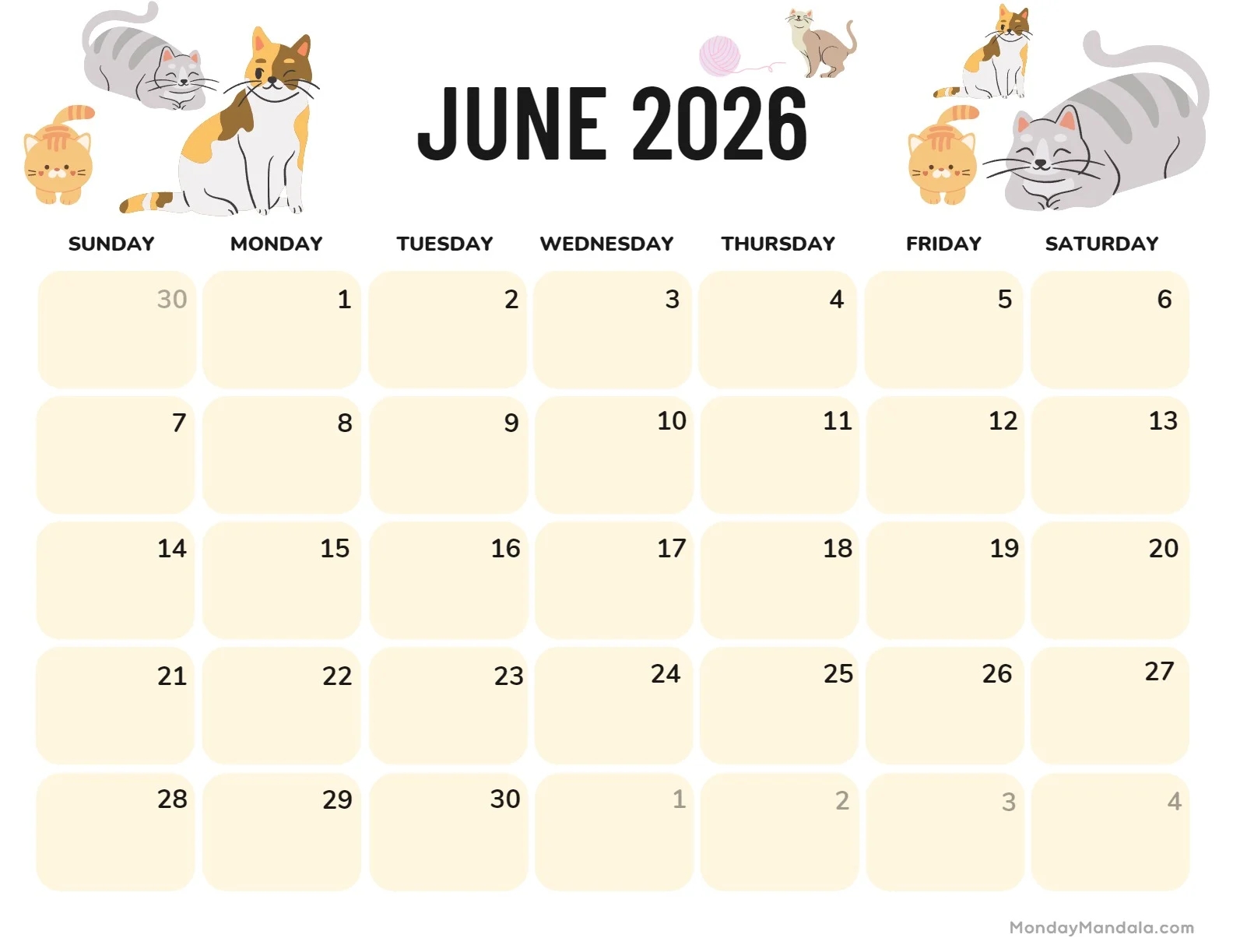 June Printable Calendar 2026