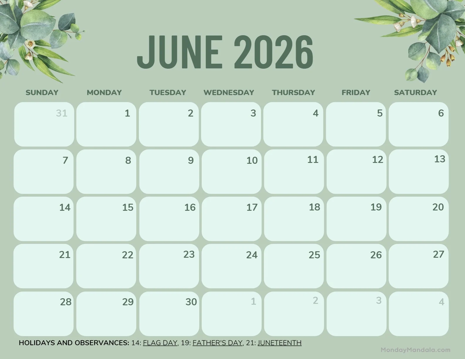 Printable June Summer 2026 Calendar