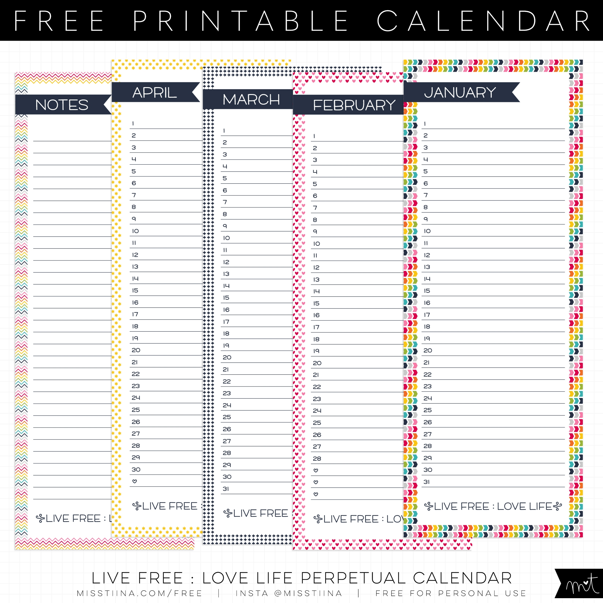 Live Free Love Life Perpetual Calendar CU FREE Printables Miss Tiina Tina Raparanta