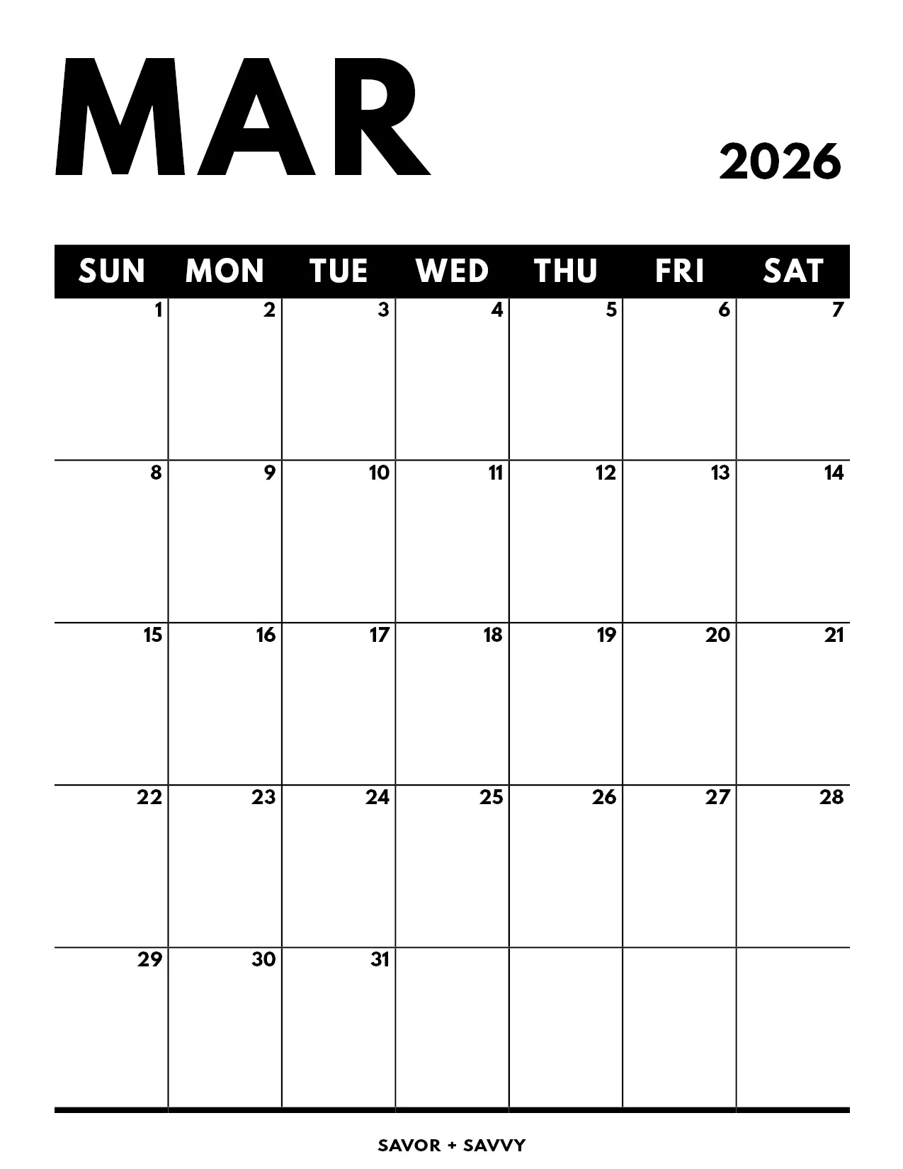 March 2026 Calendar Templates 14 Free Printables Savor Savvy March 2026 Calendar Templates 14 Free Printables Savor Savvy