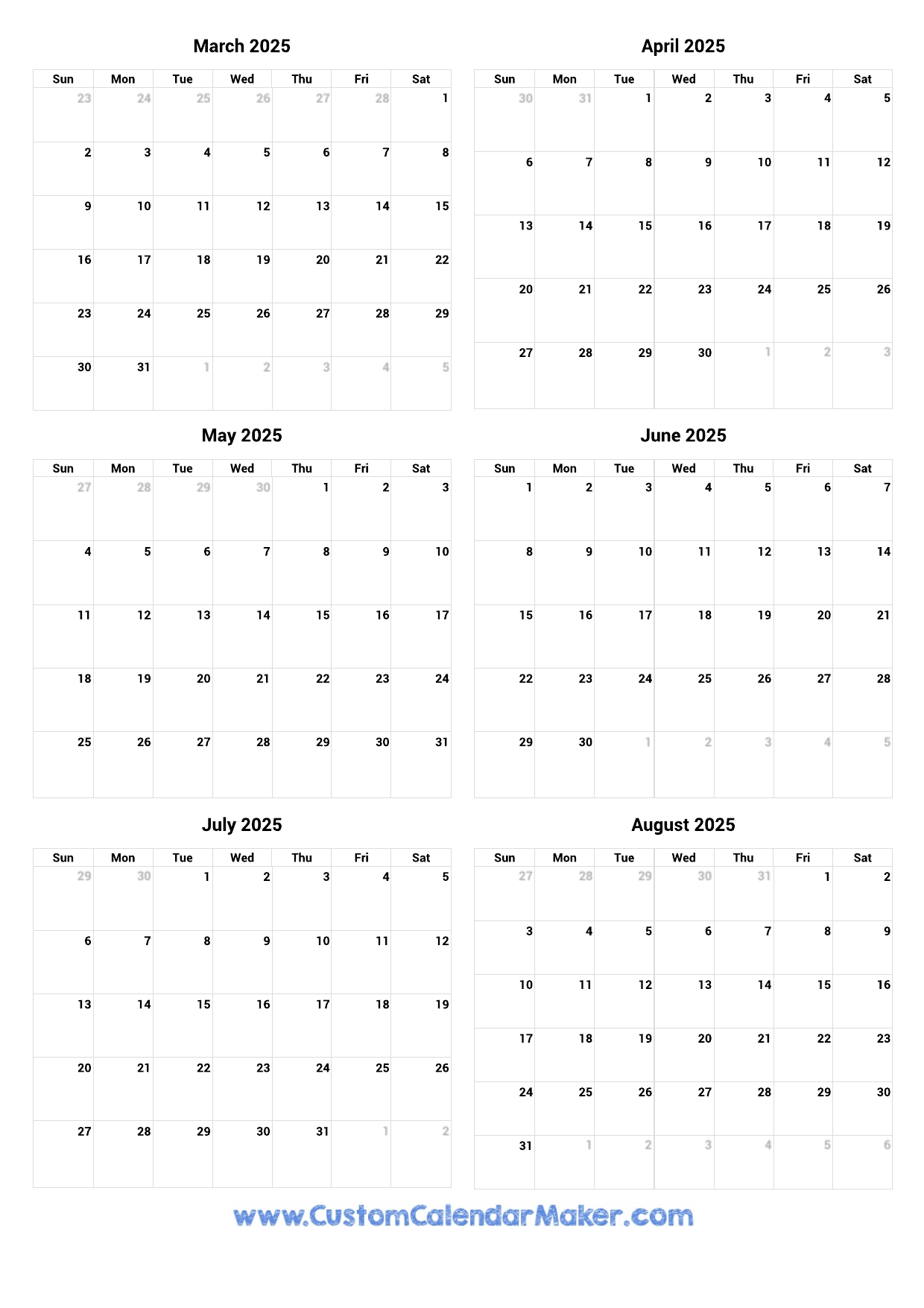 Printable 2025 6-Month Calendars