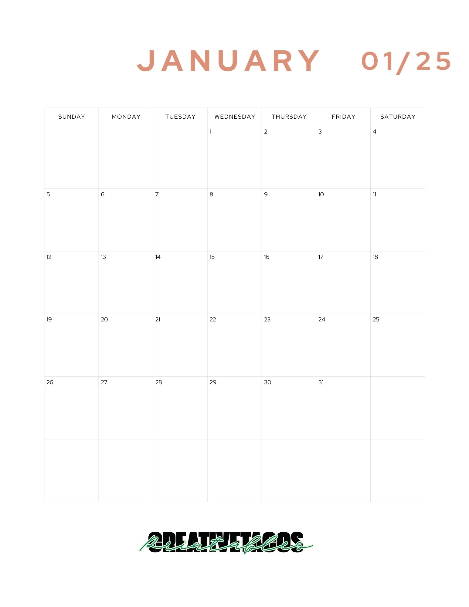 Minimalist Printable 2025 Monthly Calendar Template