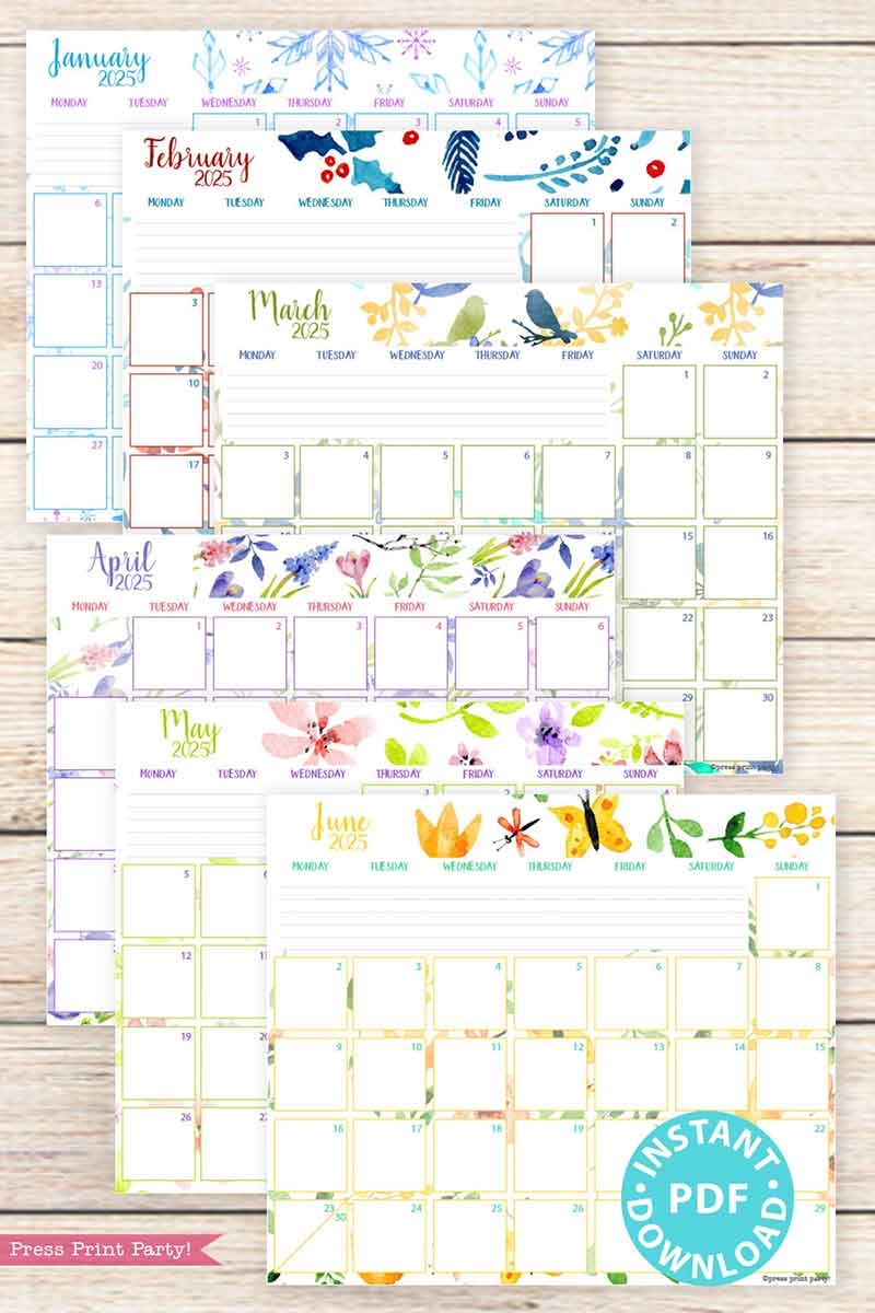 Monday Start 2025 Calendar Printable Set For Bullet Journals Or Binders Watercolor for Bullet Journals Or Binders 